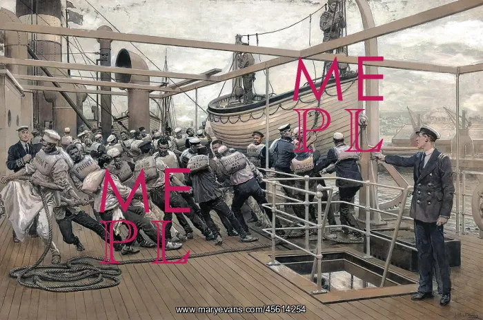 : Sailors hauling a boat onto the deck of a ship, WW1 : Sailors hauling a boat onto the deck of a ship, WW1