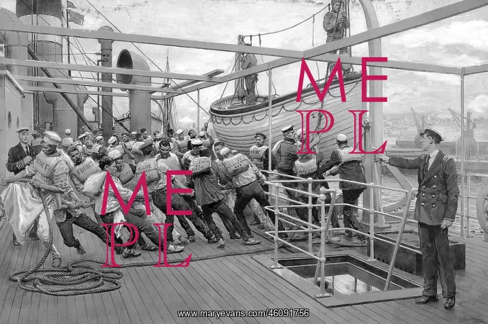 : Sailors hauling a boat onto the deck of a ship, WW1 : Sailors hauling a boat onto the deck of a ship, WW1