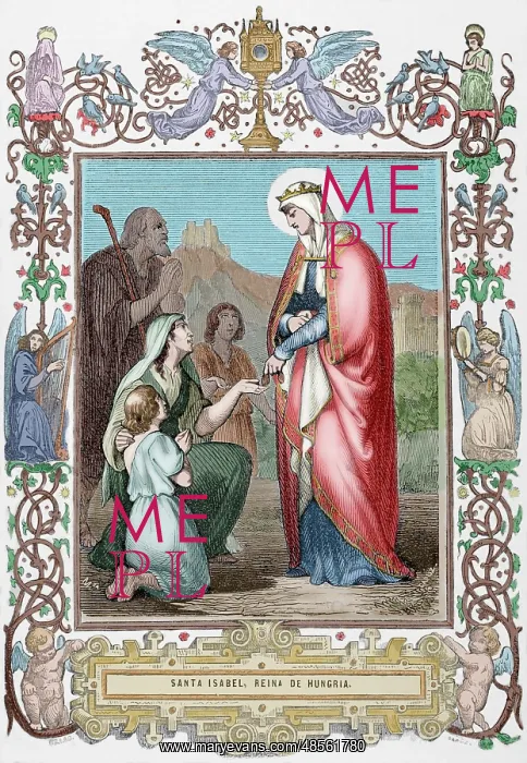 : Saint Elizabeth of Hungary (1207-1231). Engraving. Colored : Saint Elizabeth of Hungary (1207-1231). Engraving. Colored
