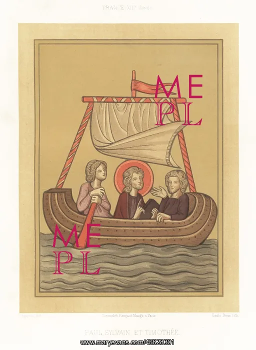 : Saint Paul with Silas and Timothy on a sailboat : Saint Paul with Silas and Timothy on a sailboat
