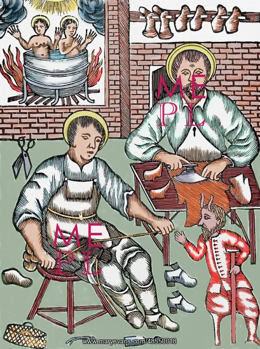 : Two Saints make shoes being tempted by the devil. Colored wo : Two Saints make shoes being tempted by the devil. Colored wo