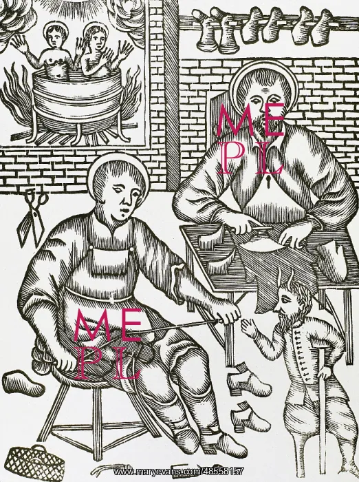  : Two Saints make shoes being tempted by the devil. Engraving