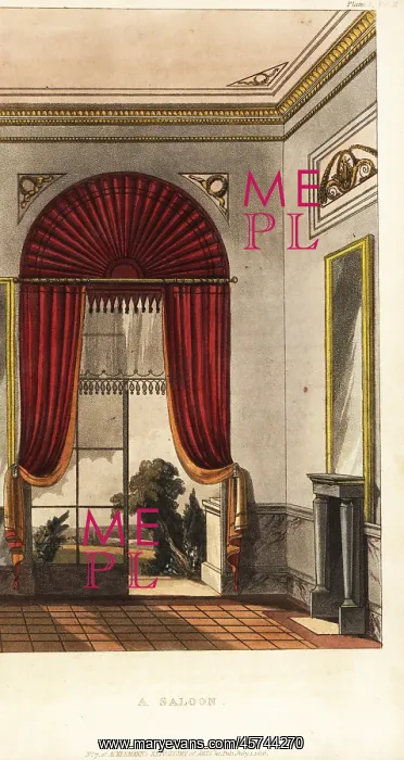 : A saloon with arched and curtained window opening : A saloon with arched and curtained window opening