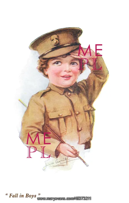: Saluting. Patriotic child in army uniform saluting. Artist: Joyce Averill : Saluting. Patriotic child in army uniform saluting. Artist: Joyce Averill