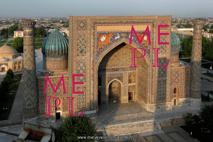 : Samarkand. Aerial view of the Sher-Dor Madrasah : Samarkand. Aerial view of the Sher-Dor Madrasah