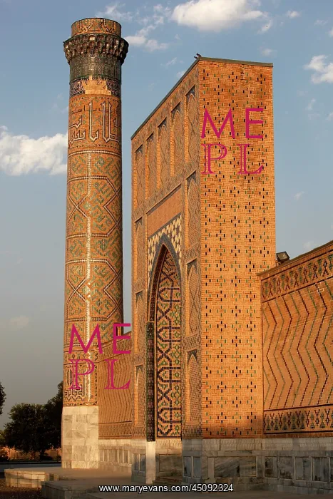 : Samarkand. Low angle view of one of the 4 corner minarets : Samarkand. Low angle view of one of the 4 corner minarets