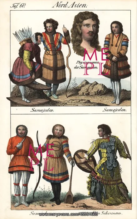 : Samoyedic people of Siberia and shaman with drum : Samoyedic people of Siberia and shaman with drum