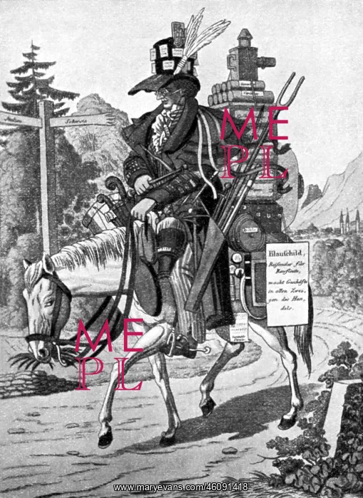 : The sample rider - Blueshield and his wares, 19th century : The sample rider - Blueshield and his wares, 19th century