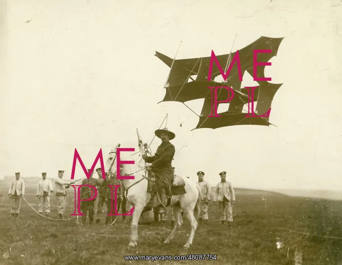 : Samuel Cody on horseback with one of his man-lifting kite : Samuel Cody on horseback with one of his man-lifting kite