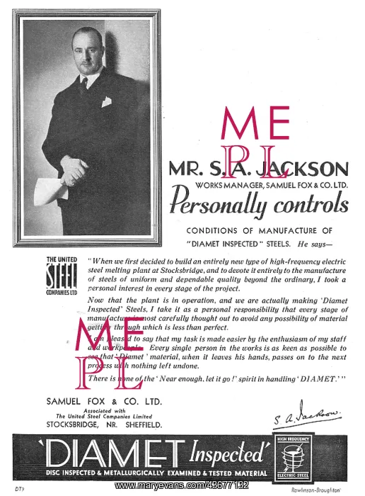 : Samuel Fox Diamet Steels - Mr S.A.Jackson : Samuel Fox Diamet Steels - Mr S.A.Jackson