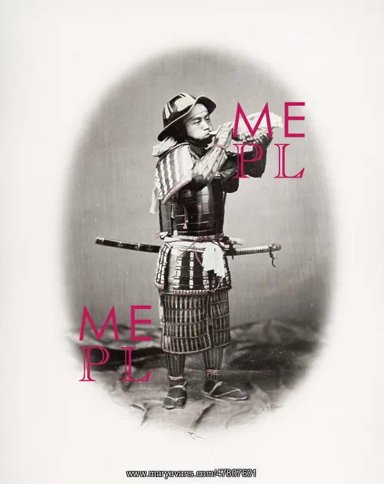 : Samurai in armour with conch shell, Japan : Samurai in armour with conch shell, Japan