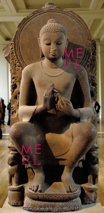 : Sandstone figure of the seated Buddha. 5th century. Sarnath : Sandstone figure of the seated Buddha. 5th century. Sarnath
