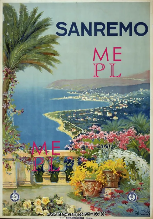 : Sanremo. Poster showing the coastline of San Remo from a terrace. Date ca. 1920 : Sanremo. Poster showing the coastline of San Remo from a terrace. Date ca. 1920