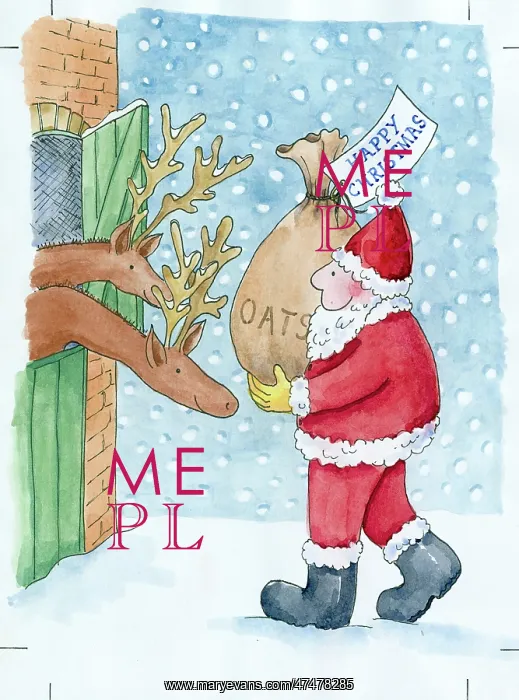  : Santa bringing present of oats to two reindeer
