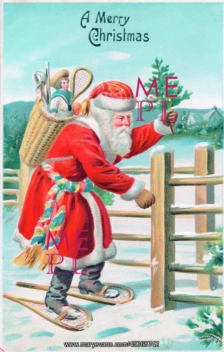 : Santa Claus with presents on a Christmas postcard : Santa Claus with presents on a Christmas postcard