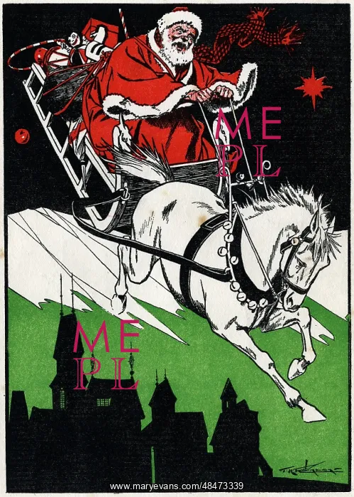 : Santa Claus and sleigh pulled by white horse : Santa Claus and sleigh pulled by white horse