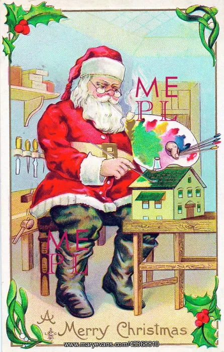 : Santa Claus in his workshop on a Christmas postcard : Santa Claus in his workshop on a Christmas postcard