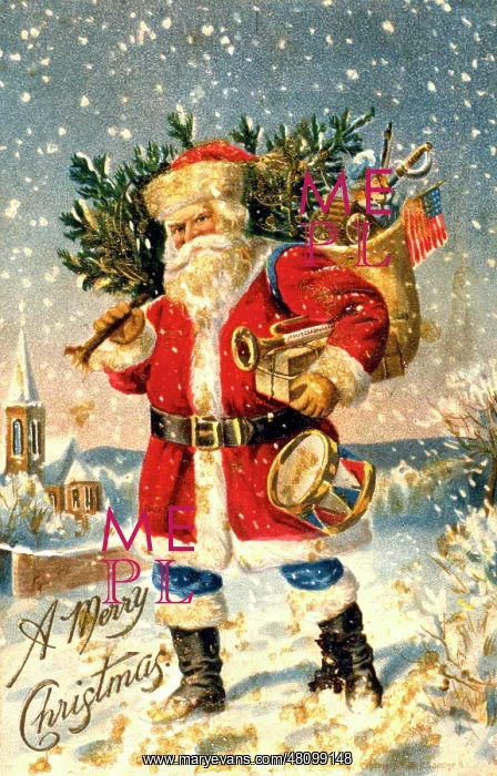 : Santa delivering presents on a Christmas card : Santa delivering presents on a Christmas card