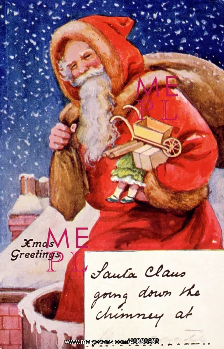 : Santa going down a chimney on a Christmas card : Santa going down a chimney on a Christmas card