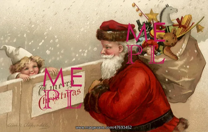 : Santa Looks over Wall at Child in White : Santa Looks over Wall at Child in White