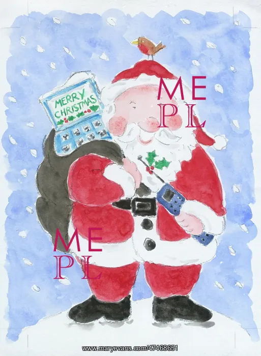  : Santa with a mobile phone and a robin on his head