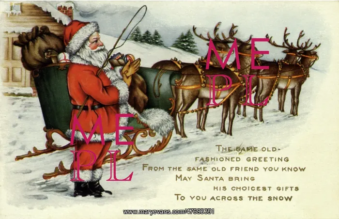  : Santa Standing Beside Sleigh and Reindeer
