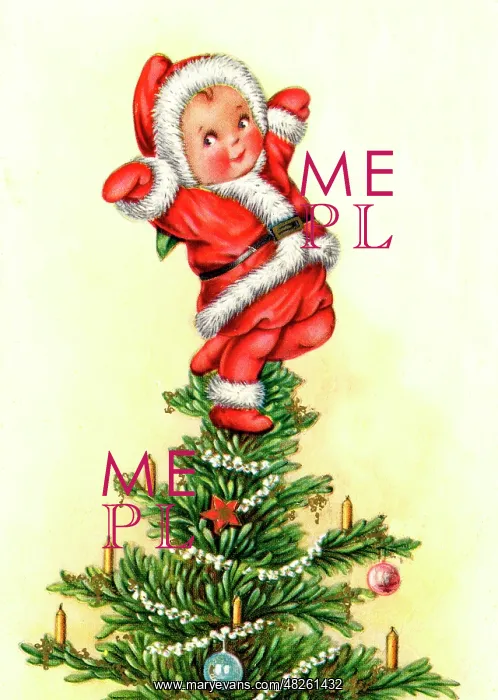 : Santa-suited baby on top of the Christmas tree : Santa-suited baby on top of the Christmas tree