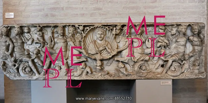 : Sarcophagus: The deceased surrounded by hybrid sea creatures : Sarcophagus: The deceased surrounded by hybrid sea creatures