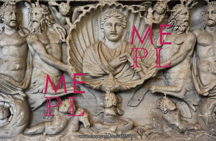 : Sarcophagus: The deceased surrounded by hybrid sea creatures : Sarcophagus: The deceased surrounded by hybrid sea creatures