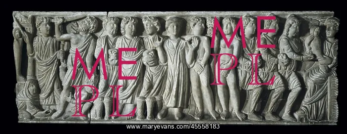 : Front of the sarcophagus of Layos with a depiction : Front of the sarcophagus of Layos with a depiction