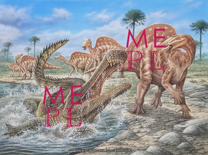: Sarcosuchus attacking a herd of Ouranosaurus dinosaurs : Sarcosuchus attacking a herd of Ouranosaurus dinosaurs