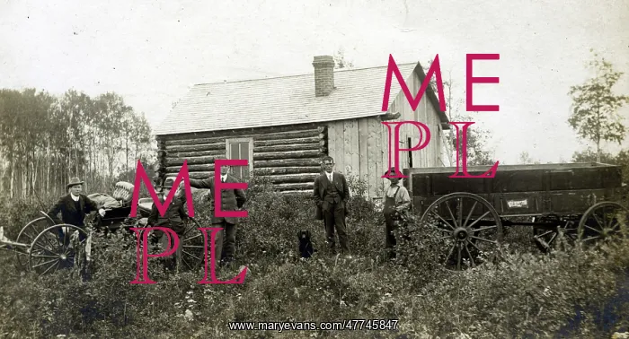 : Saskatchewan River bridge - Group of men, log cabin : Saskatchewan River bridge - Group of men, log cabin