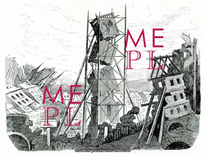: Satirical cartoon, broken tower with scaffolding, Paris : Satirical cartoon, broken tower with scaffolding, Paris