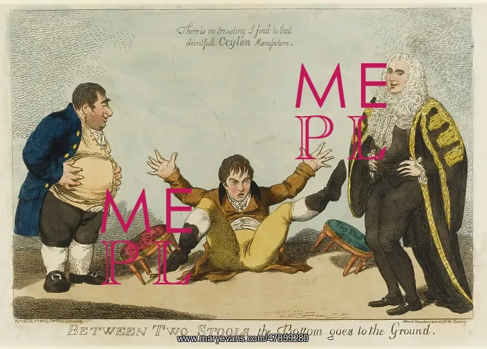 : Satirical cartoon, Between two stools : Satirical cartoon, Between two stools