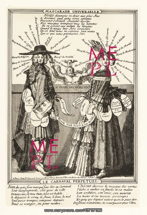 : Satirical engraving of the Eternal Masquerade, 18th century : Satirical engraving of the Eternal Masquerade, 18th century
