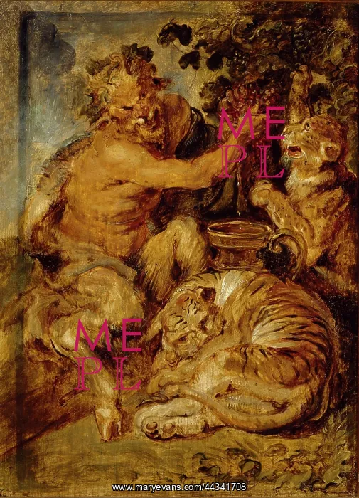 : A Satyr pressing Grapes with a Tiger and Leopard : A Satyr pressing Grapes with a Tiger and Leopard