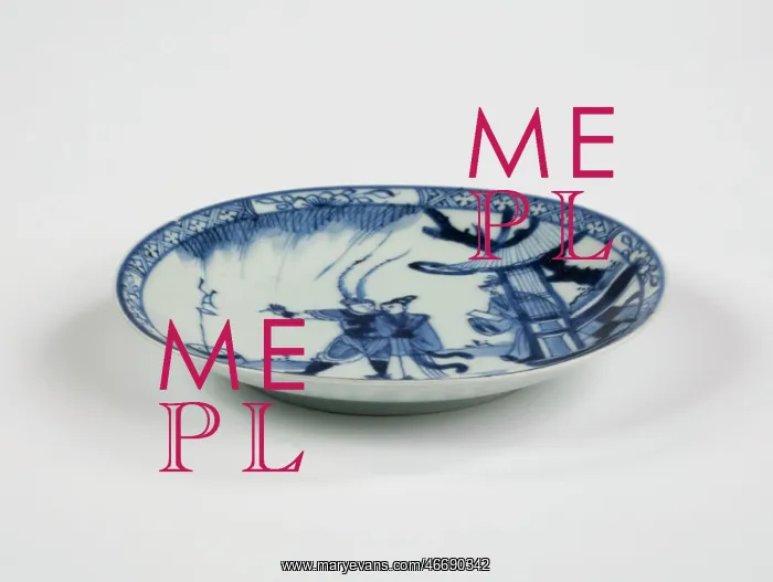 : Saucer. Porcelain saucer with cobalt blue underglaze decoration of three figures : Saucer. Porcelain saucer with cobalt blue underglaze decoration of three figures
