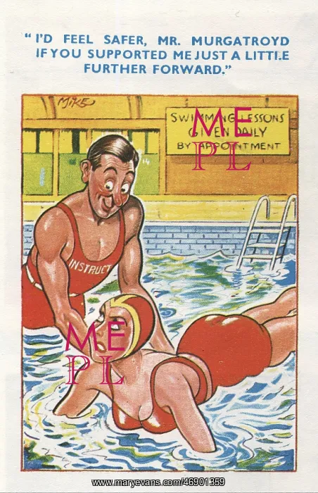 : Saucy postcard - 'I'd feel safer, Mr Murgatroyd...' swimming : Saucy postcard - 'I'd feel safer, Mr Murgatroyd...' swimming
