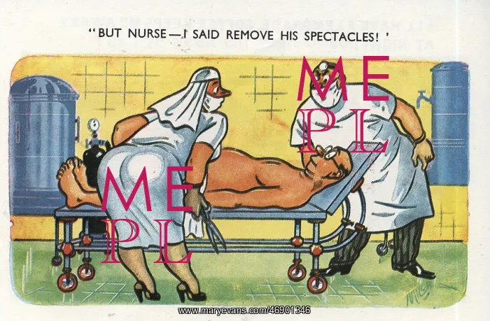 : Saucy postcard - nurse with large pair of scissors : Saucy postcard - nurse with large pair of scissors