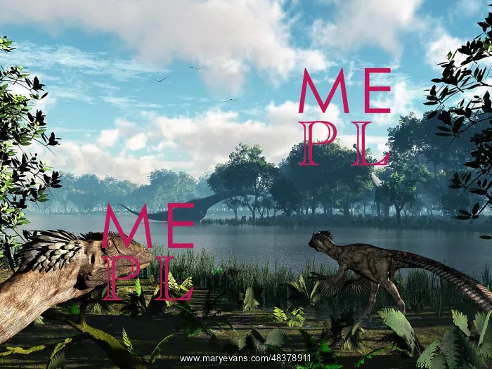: Sauroposeidon graze while feathered Deinonychus look on : Sauroposeidon graze while feathered Deinonychus look on