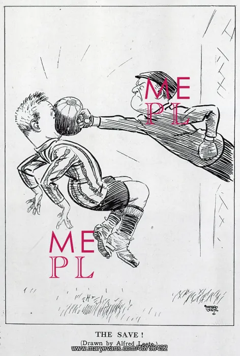 : The Save!. Cartoon by Alfred Leete showing a close encounter with a determined goalkeeper : The Save!. Cartoon by Alfred Leete showing a close encounter with a determined goalkeeper