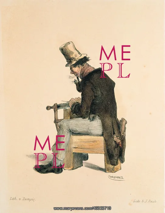 : Saw filer. Sitting man, filing a saw, smoking a pipe : Saw filer. Sitting man, filing a saw, smoking a pipe