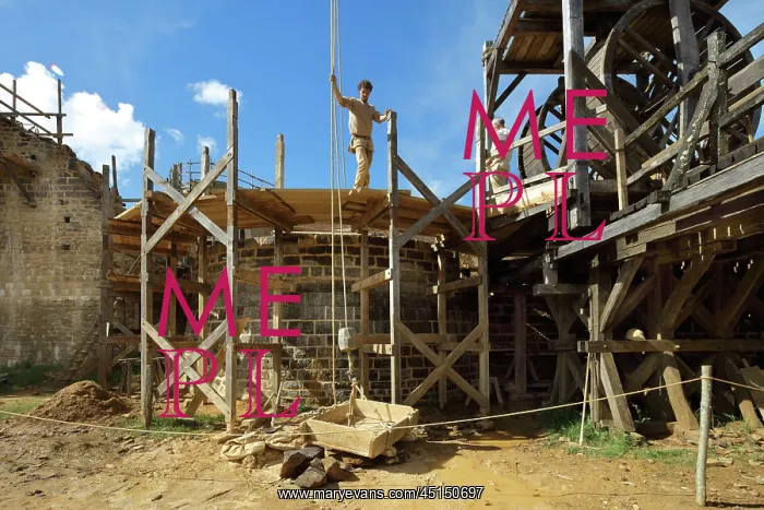 : Scaffolding, Chateau de Guedelon, Treigny, Burgundy, France : Scaffolding, Chateau de Guedelon, Treigny, Burgundy, France