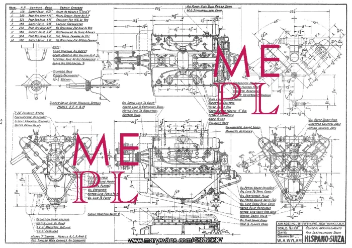 : Scale drawing of the Hispano-Suiza 8 : Scale drawing of the Hispano-Suiza 8