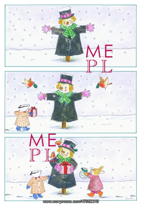 : Scarecrow with badger and rabbit in snow : Scarecrow with badger and rabbit in snow