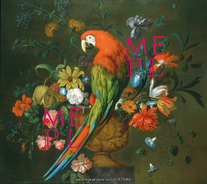 : A Scarlet Macaw Perched on a Sculpted Urn : A Scarlet Macaw Perched on a Sculpted Urn