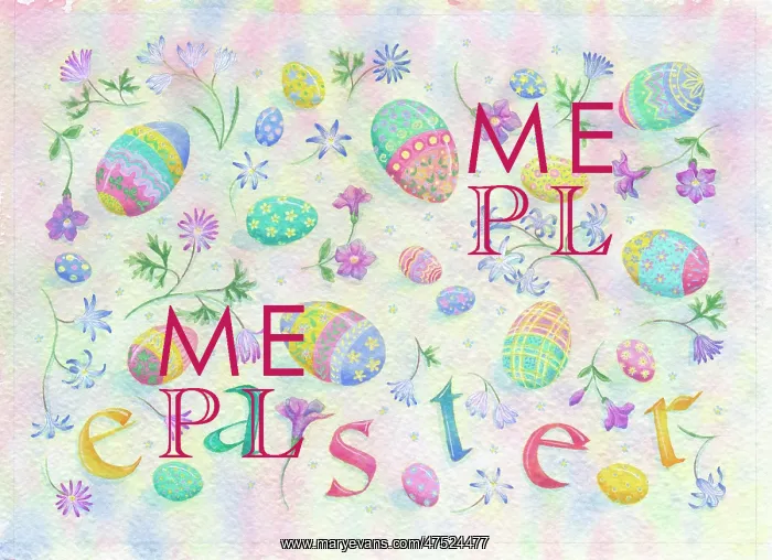 : Scattered flowers and decorated eggs : Scattered flowers and decorated eggs