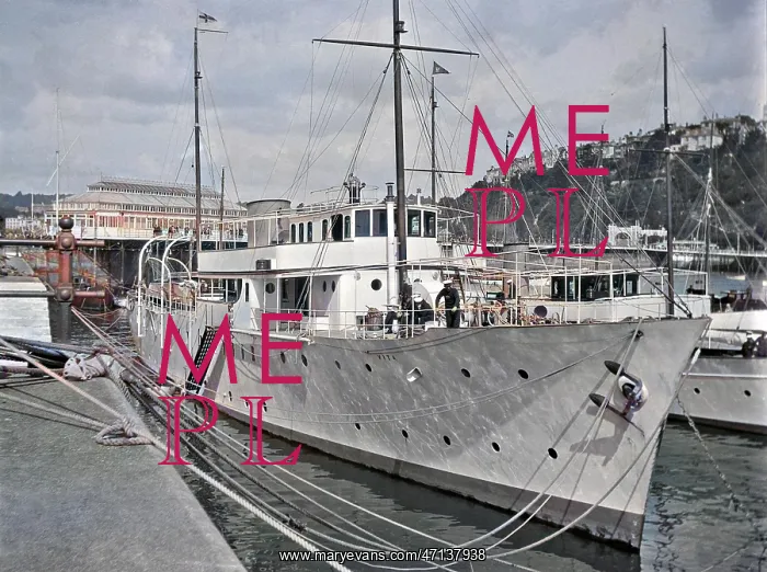 : Scene in a harbour with steamship in foreground : Scene in a harbour with steamship in foreground