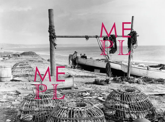 : Scene with lobster pots at Beesands, Start Bay, Devon : Scene with lobster pots at Beesands, Start Bay, Devon