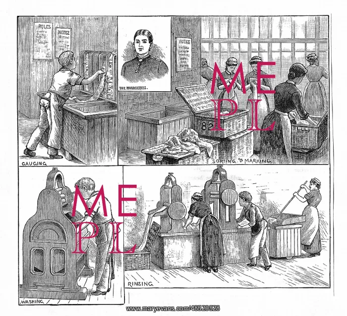 : Scenes in a laundry. Manageress and female workers : Scenes in a laundry. Manageress and female workers